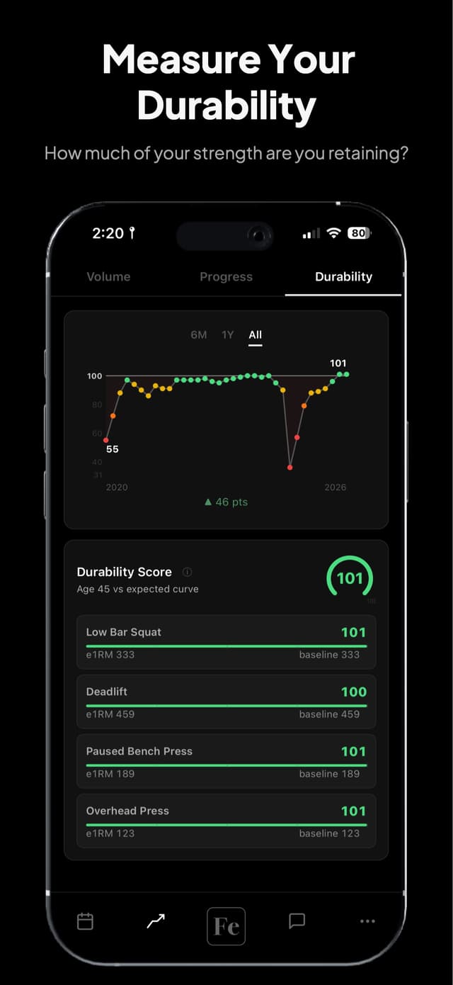 Durability Score showing composite score of 101 with individual lift breakdowns