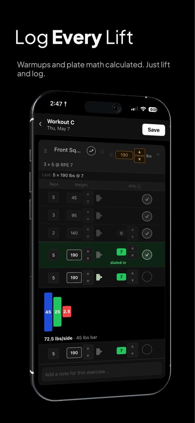 Workout logger showing front squat with warmup sets, plate math visualization, and RPE logging
