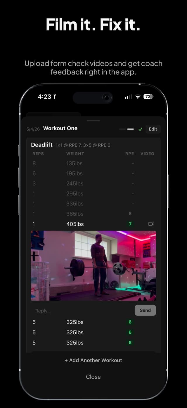 Workout log with deadlift video upload and coach reply field